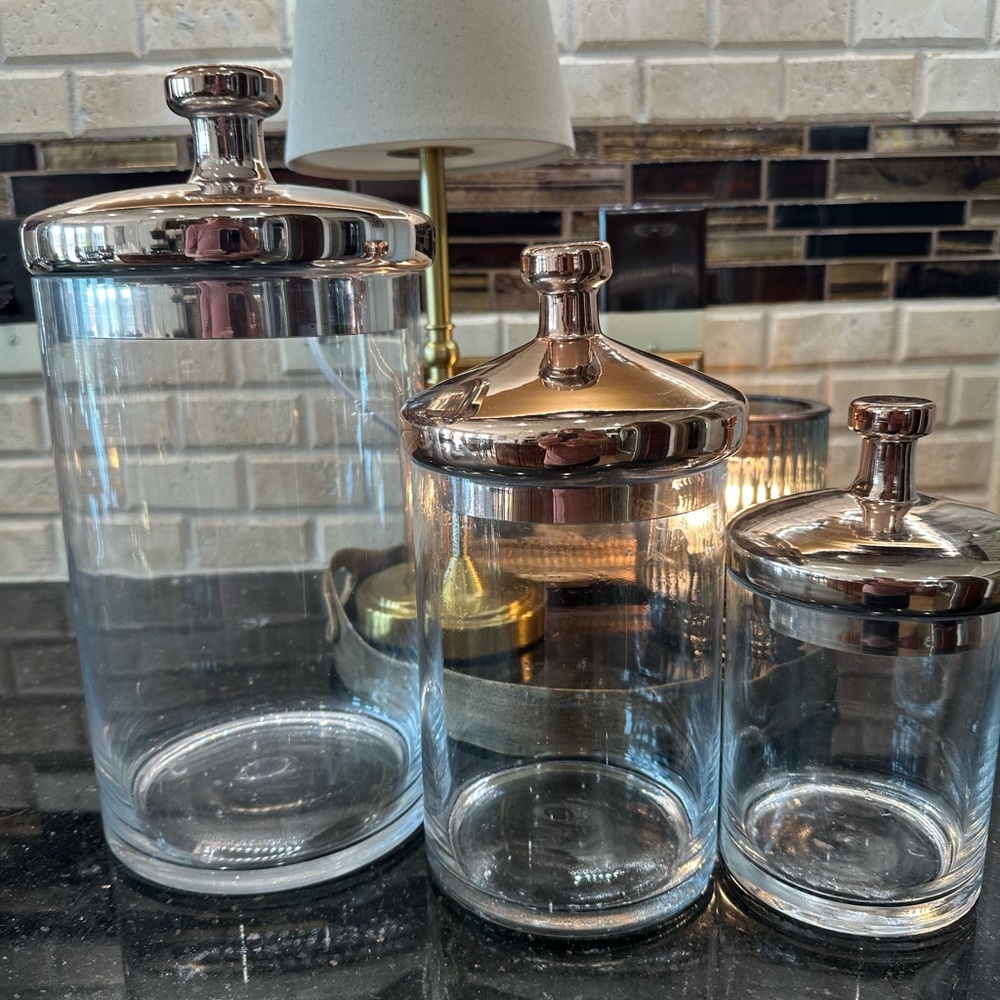 Set of Clear Glass Canisters with rose gold lids